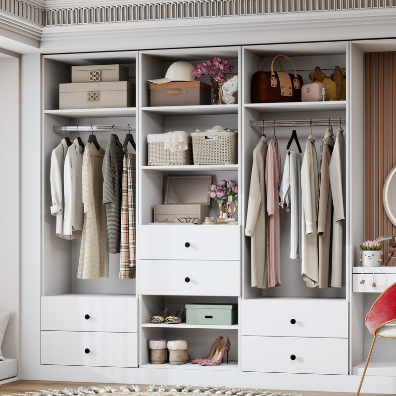 Système d'organisation l 70,86 po avec tringle suspendue et 6 tiroirs en bois, tablettes de rangement réglables pour la chambre à coucher, garde-robe blanc