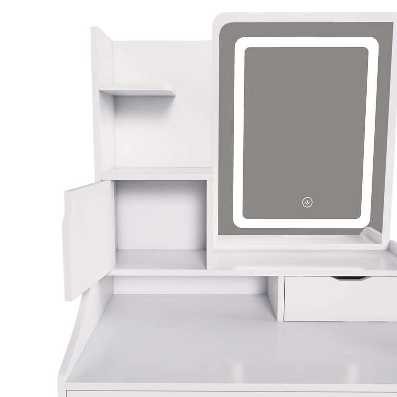 3-Color LED Vanity Mirror With Stool, Dressing Table For Bedroom, 2 Drawers & 5 Storage Cabinets (4 Open + 1 Hidden), Adjustable Lighting