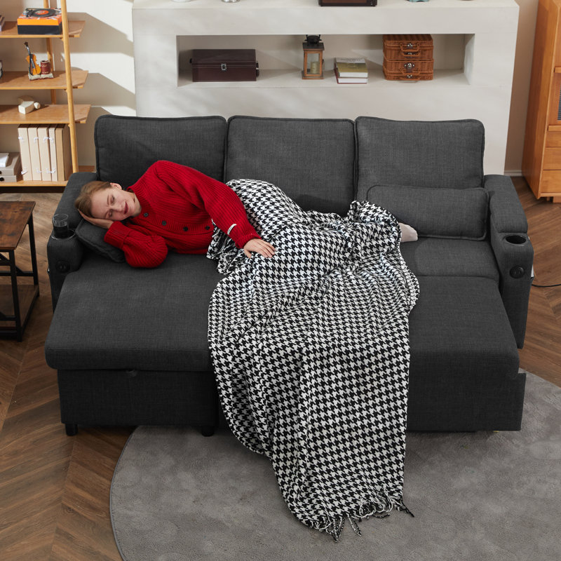 Vesna L-shape 81" Wide Space-Saving Sleeper Sofa Upholstered Pull-out Sofa Bed, Dark Gray