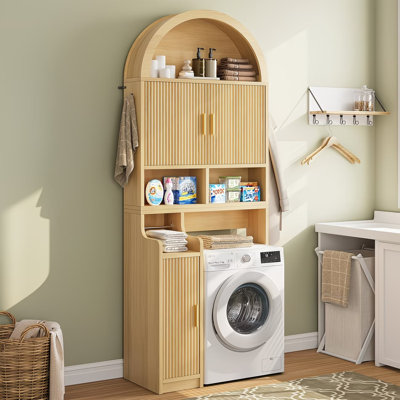 Arched Over The Toilet Storage Cabinet, 78.7" H Fluted Bathroom Organizer With Reversible Side Cabinet, Adjustable Shelves, Anti-Tipping, Hooks & Paper Holder For Bathroom Laundry Room, Oak