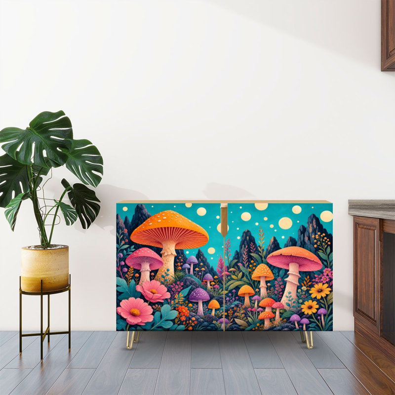 Buffet Buffet avec rangement Vibrant Fantasy champignon forêt coloré ciel nocturne avec 2 portes pour le salon et la cuisine
