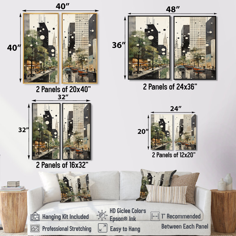 Élégance architecturale grise et verte Mid Century, Black, 36" H x 48" W, Impression encadrée flottante
