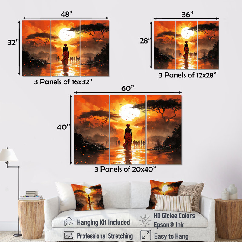 Orange Orange Journey II - ensemble de décorations murales paysage africain, H 28 po x l 36 po x P 1 po, Toile tendue