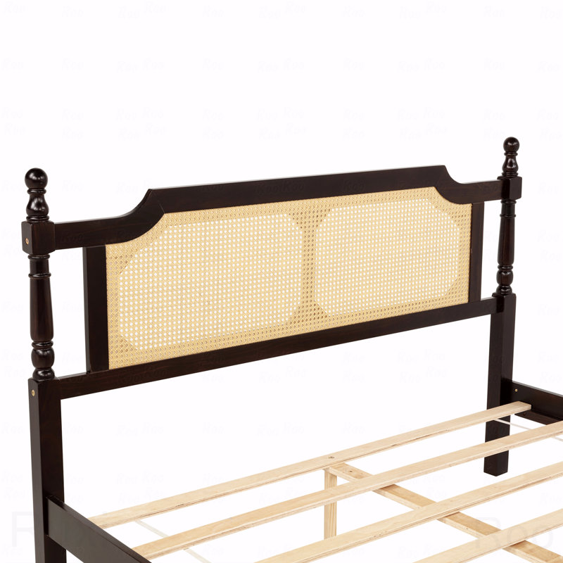 Base de lit en bois de pin grand, tête de lit en rotin, pied de lit