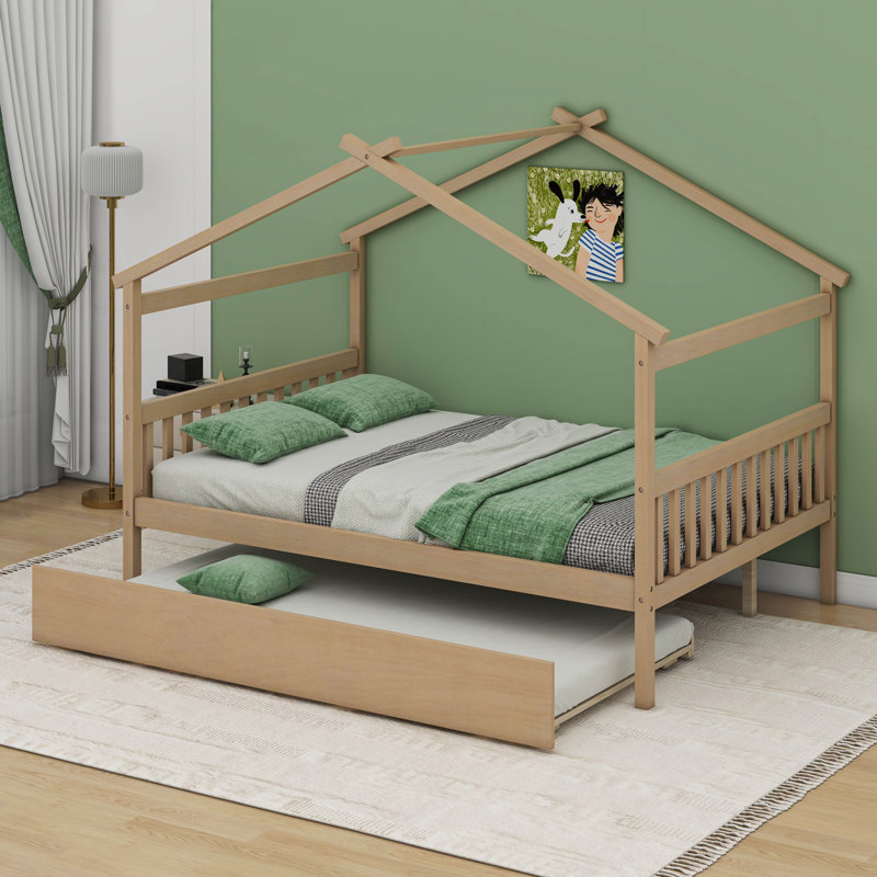 Annais Wooden House Bed with Trundle, Full, Natural