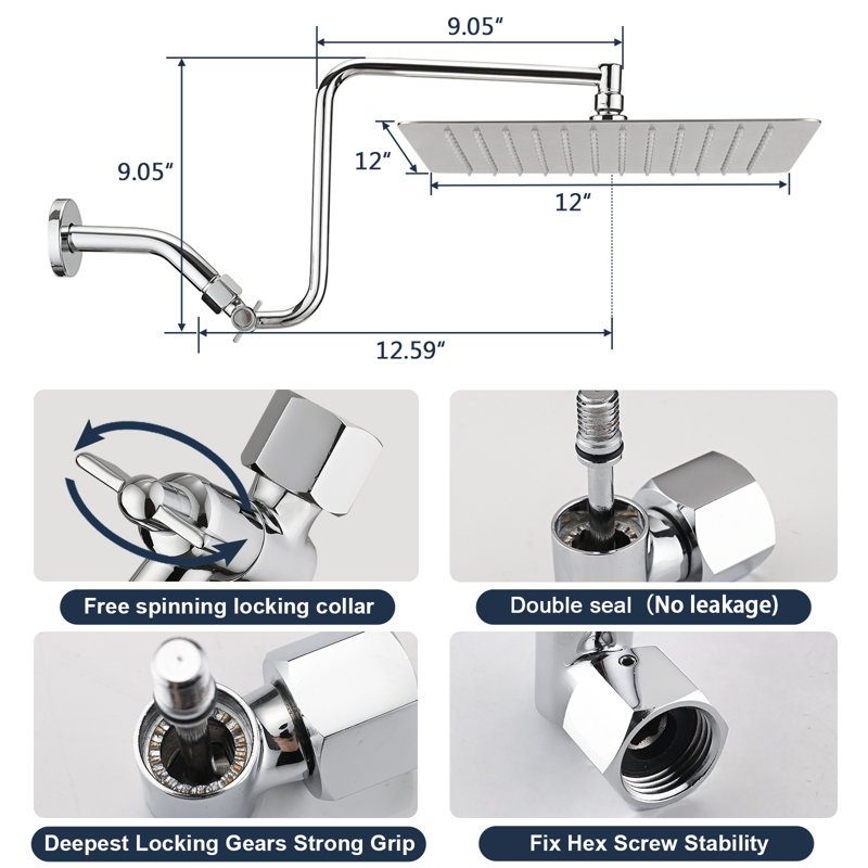 Chrome Square Adjustable Rain Shower Head with Extended Arm