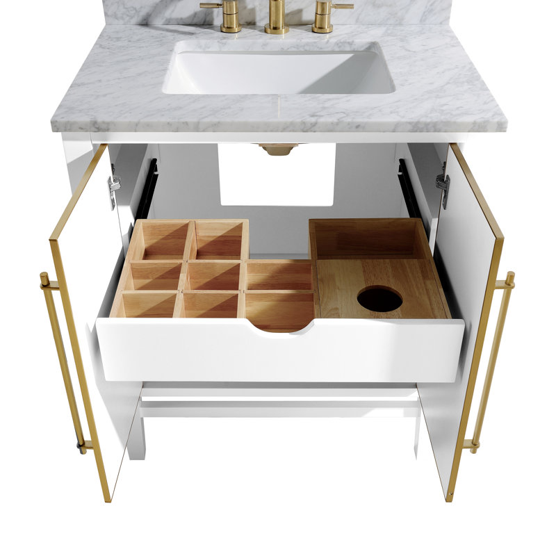 Mason 24" Single Bathroom Vanity with Carrara Marble Top, Carrara White, Matte Gold, White