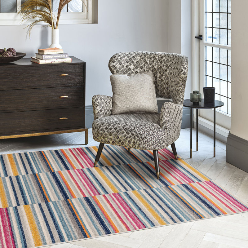 Donnavon Striped Blue/Pink/Yellow Area Rug, Rectangle 80 x 150cm