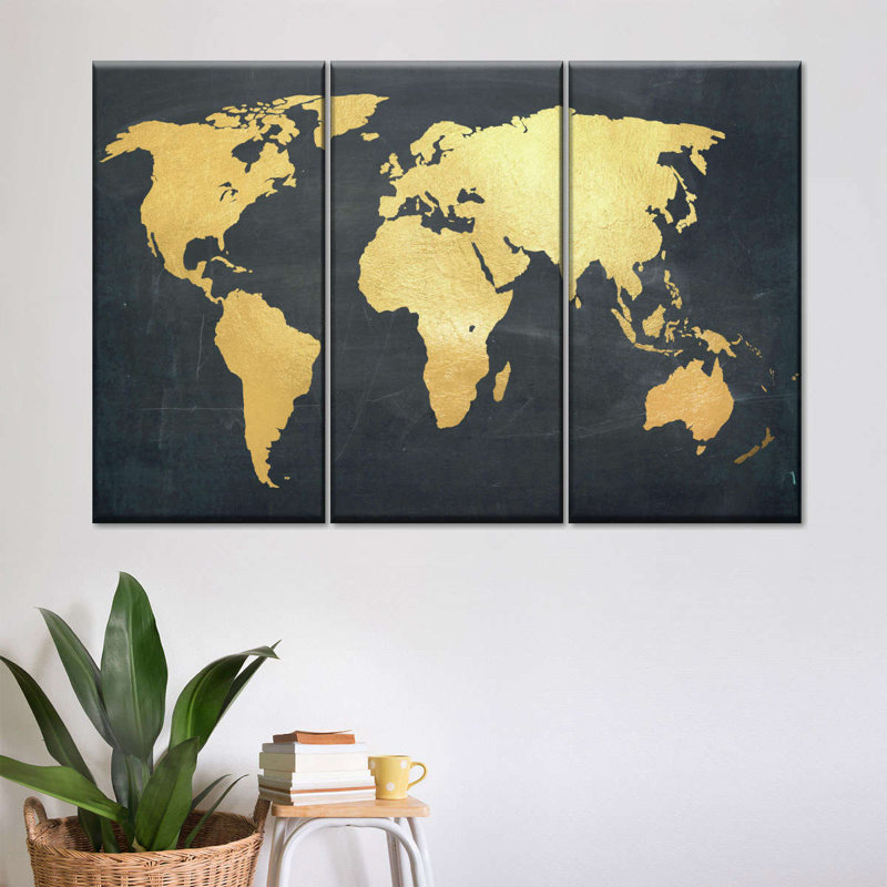 " Adventure Awaits World Map " by HustleBroIllustrations 3 - Pieces, 38" H x 24" W x 1.25" D