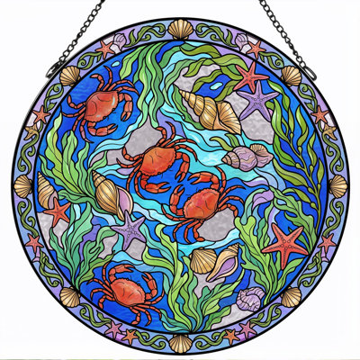 Ocean Crabs Stained Glass Window Panel，7.8H