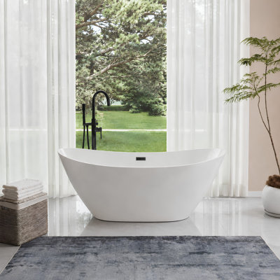Vanity Art 59" Freestanding Acrylic Soaking Bathtub with Center Drain - White