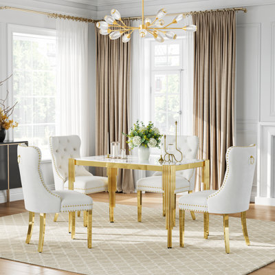 5-Piece Dining Table Set, 48" White Marble-Pattern Glass Table, 4 Velvet Chairs, Stainless Steel Frame, Kitchen & Living Room Furniture Set