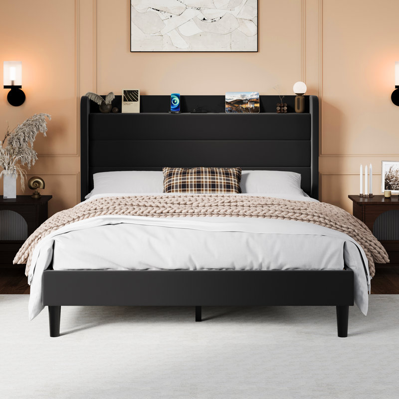 Velvet Upholstered Platform Wingback Bed With Storage Shelf And Charging Station, Queen, Black