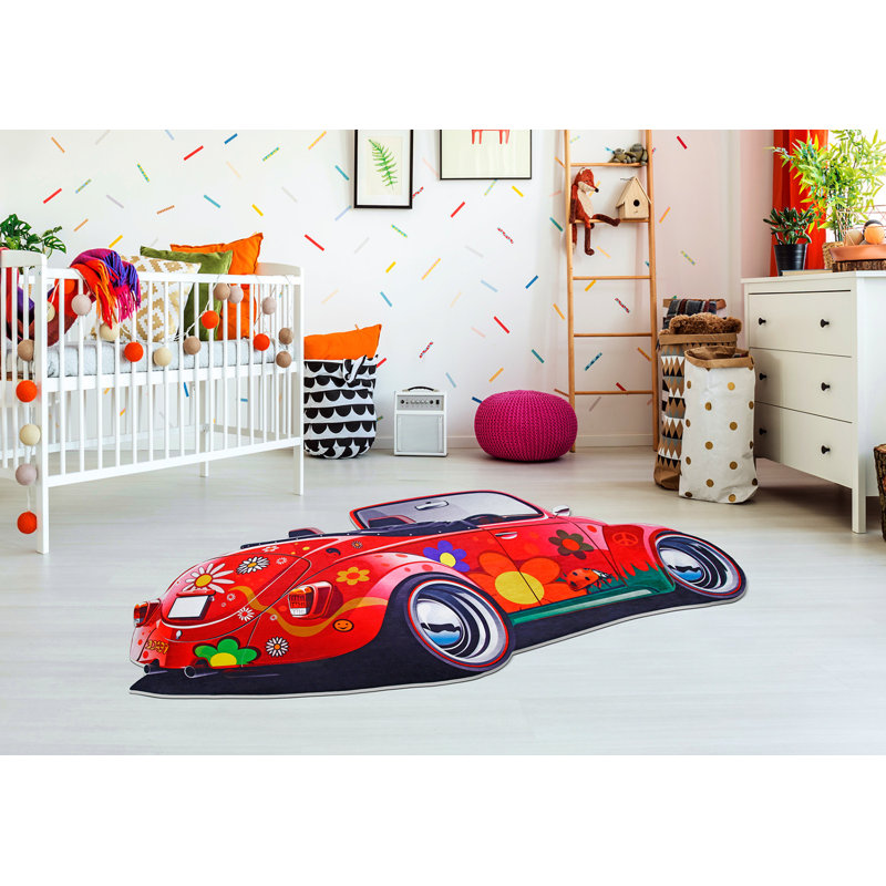 Tapis en polyamide rouge / bleu marine Novelty Gulleyc, Nouveauté 3 pi 11 po x 5 pi 11 po