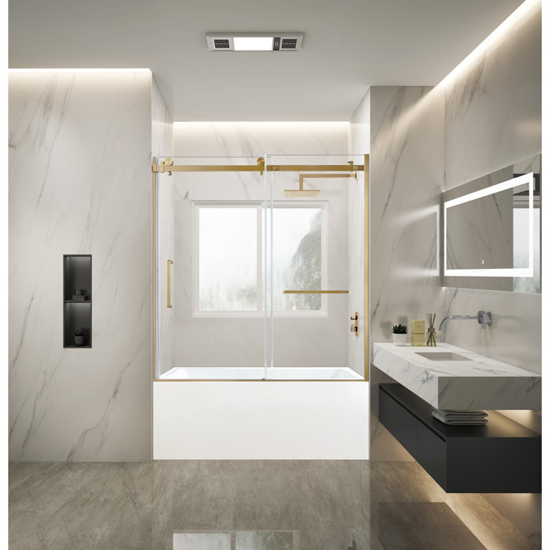 Kingston Brass 60-Inch Acrylic Rectangular 3-Wall Alcove Tub With Tub Door, Left Hand Drain, Brushed Brass, Right