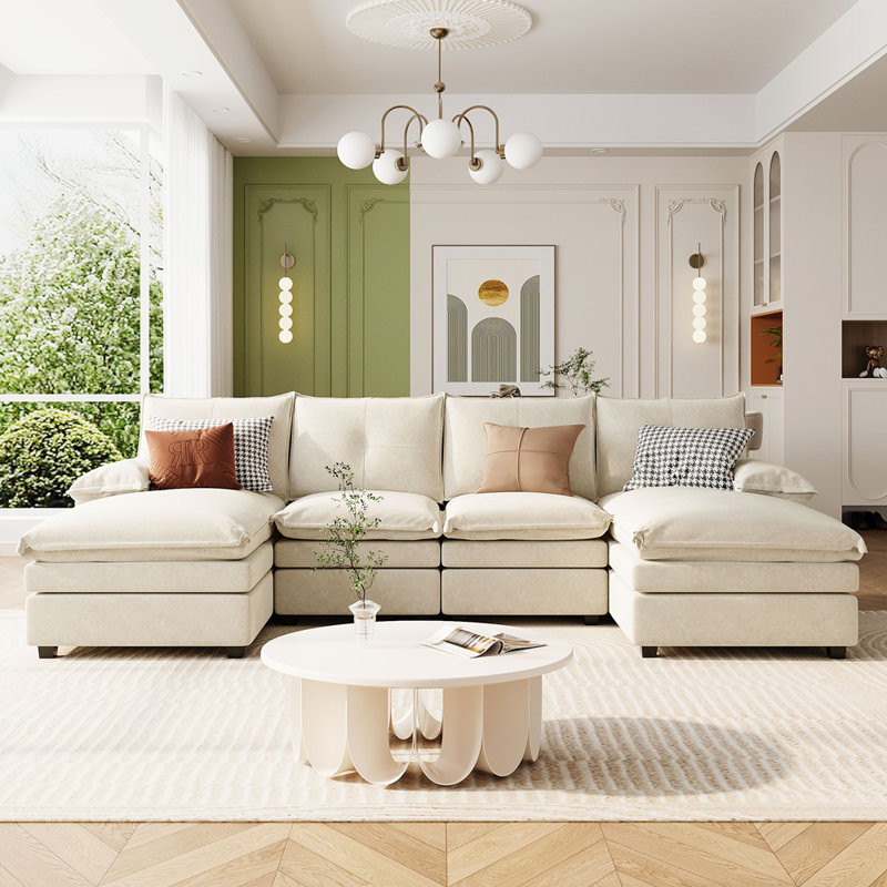 Canapé modulaire en U en chenille avec accoudoirs réglables, Beige