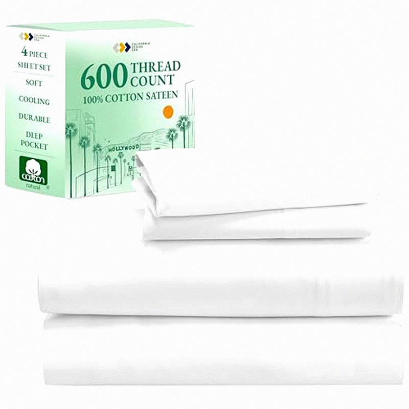 Luxury Sateen Cotton Sheets Set - 600 Thread Count, Hotel-Quality Bedding with Deep Pocket Fitted & Flat Sheets - White, 4-Pc Set