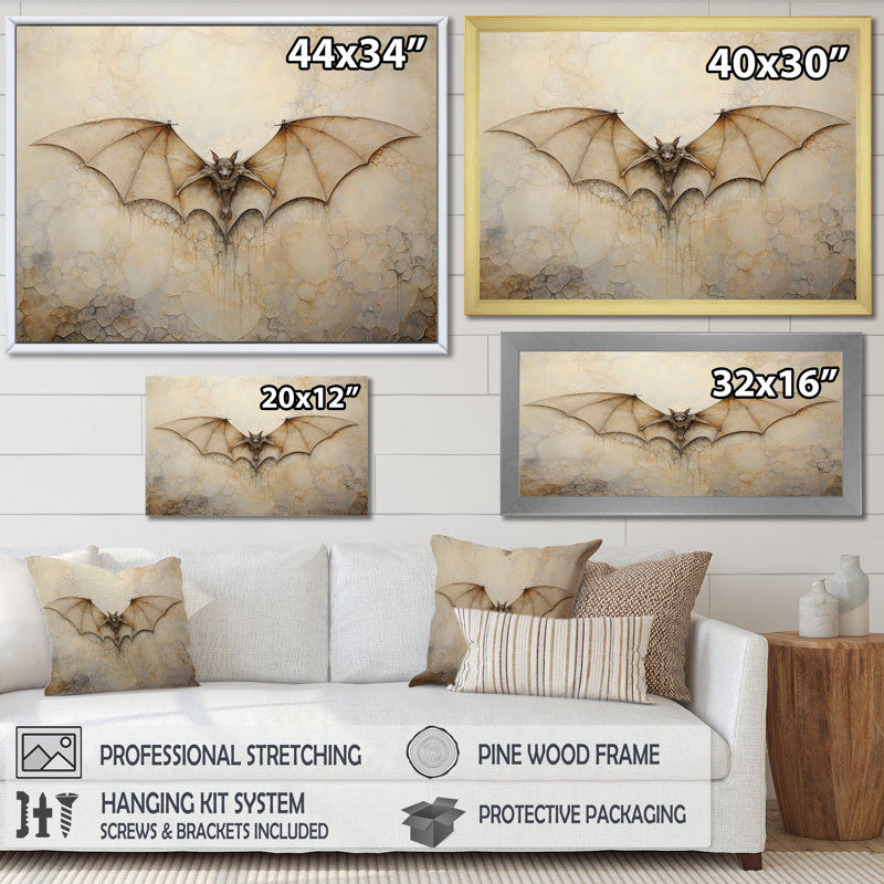 Minimalisme chauve-souris avec ailes ouvertes sur toile, H 34 po x l 44 po x P 1,5 po, Encadrement doré