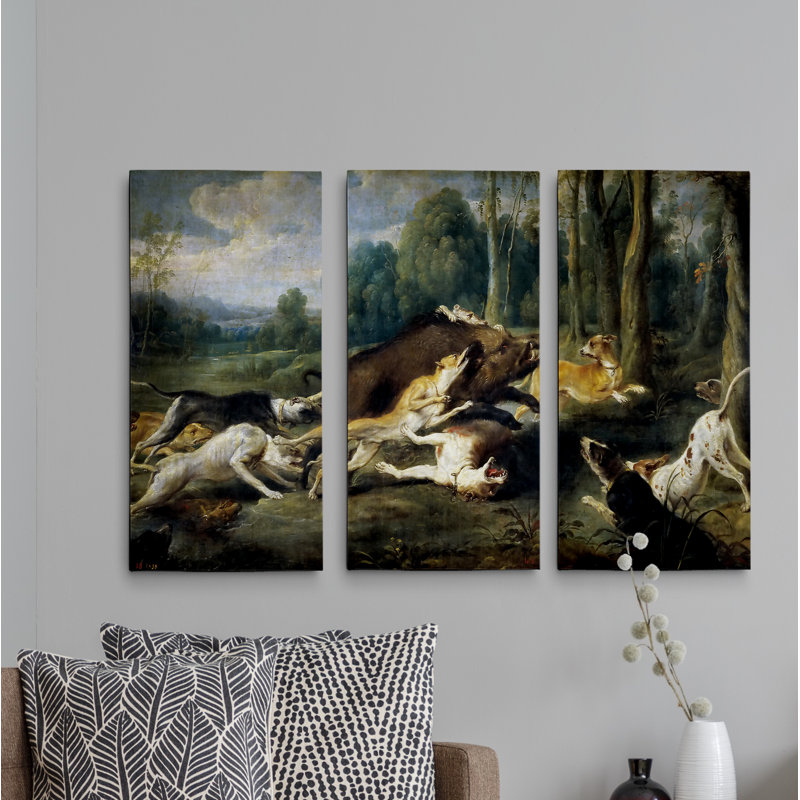 Chasse de sanglier-ensemble de 3 reproductions d’art sur toiles, H 40 po x l 60 po x P 1,5 po