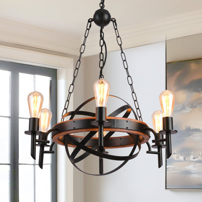 Packan 6-Light Industrial Black Chandelier with Wood Accents