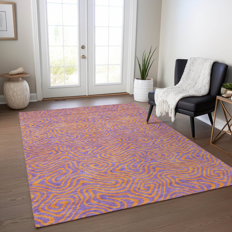 Purple and Orange Swirl Pattern Washable Synthetic Rug