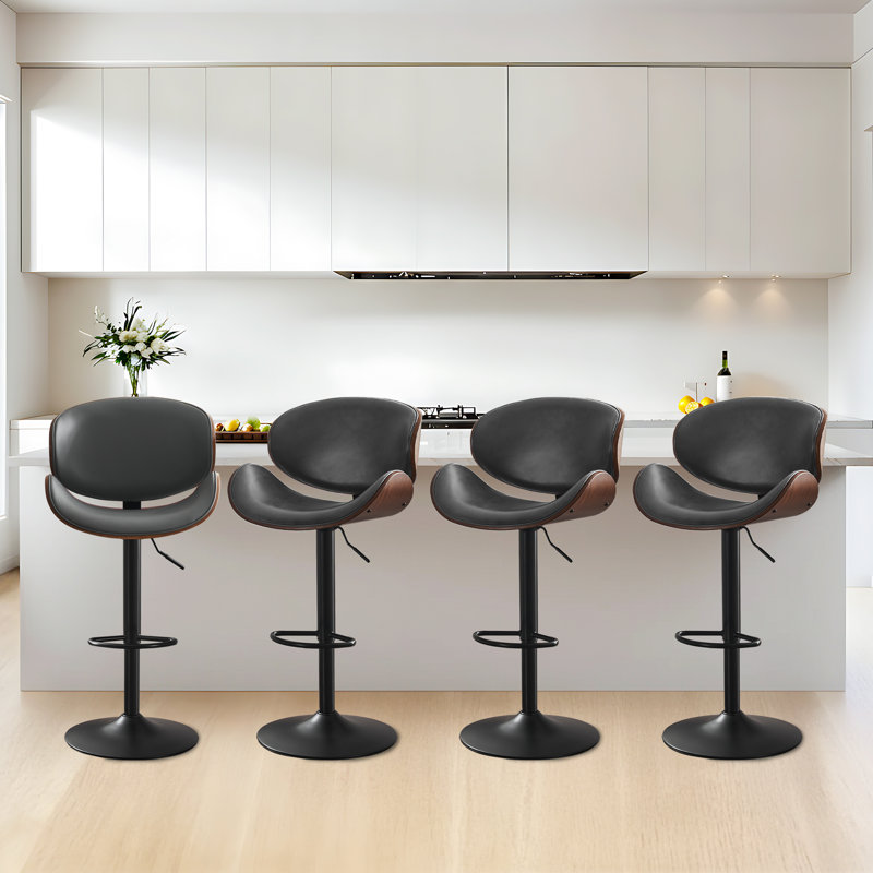 Bentwood Swivel Adjustable Height Bar Stools, Faux Leather Upholstered Barstools with Metal Frame (Set of 4, Gray), Gray, 4