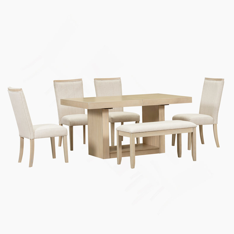 6-Piece Extendable Dining Table Set With Removable Leaf, Dining Bench, 4 Upholstered Dining Chairs