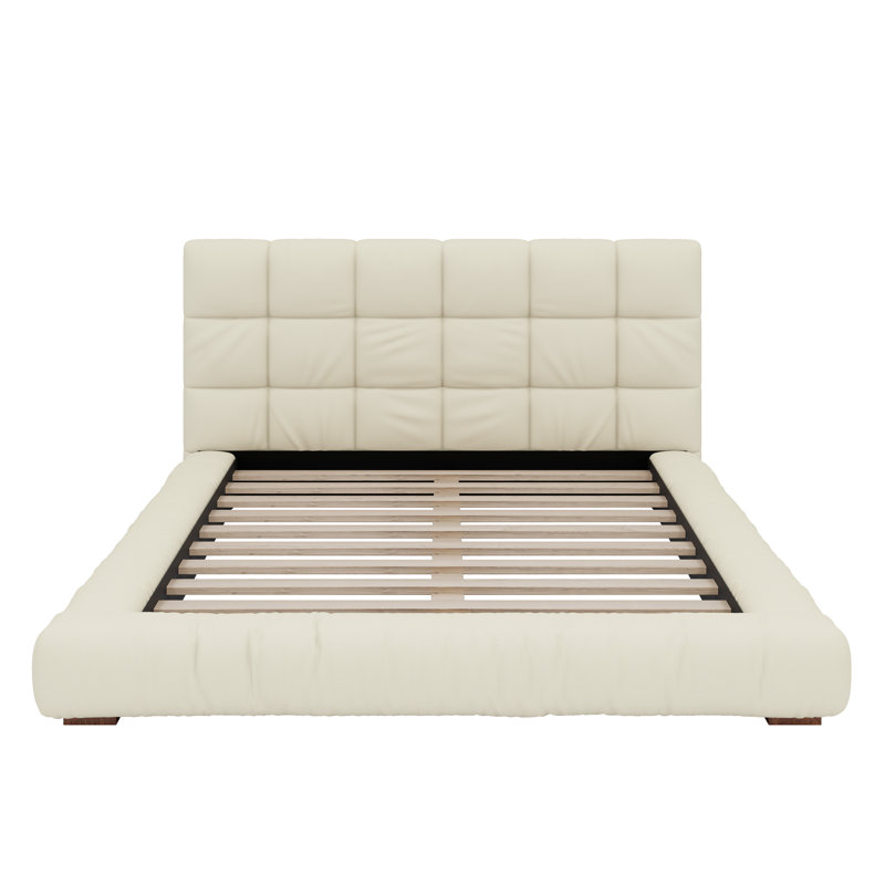 Base de lit plateforme moderne à profil bas avec tête de lit capitonnée et support à lattes robuste, Beige