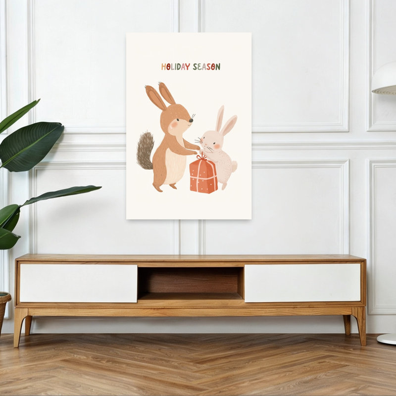 Festive Forest Friends Abstract Contemporary Rabbit Squirrel Forest Winter Wall Art Print by Mathieu - Wrapped Canvas Print