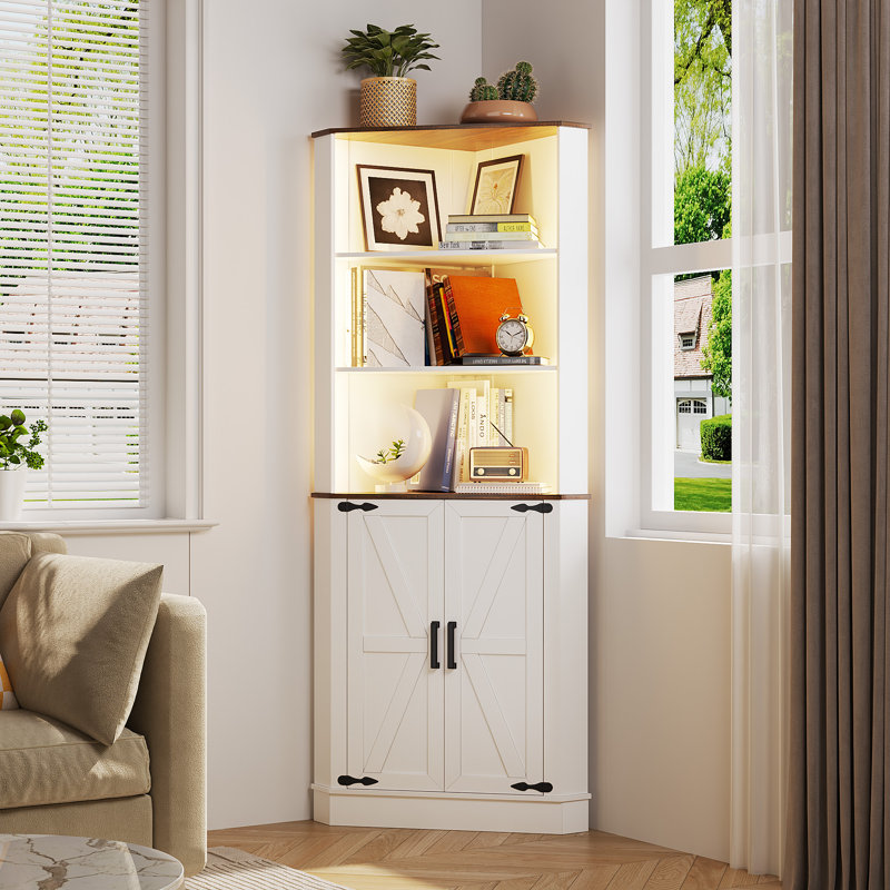 Caleal Lighted Curio Bookcases, Whie/Brown