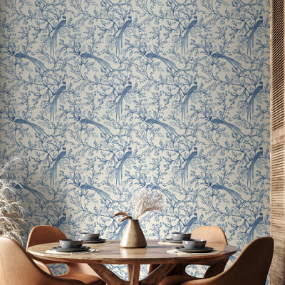 Bird Toile - Dark Denim 10m Wallpaper