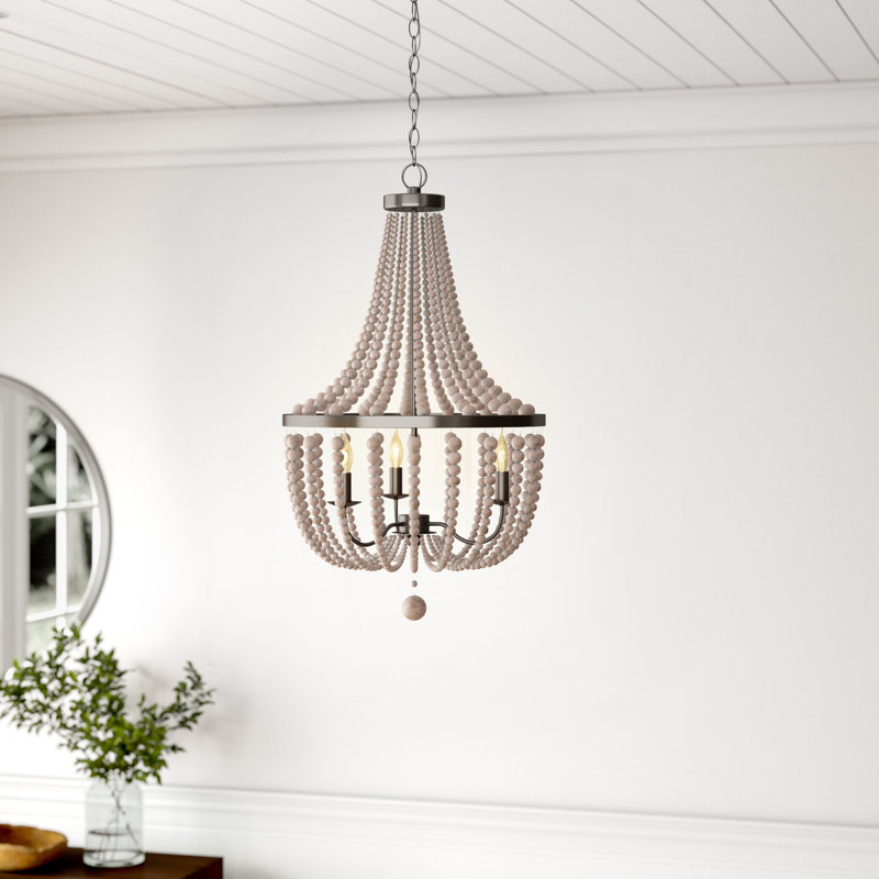 Dumas 3-Light Wood Bead Chandelier - Weathered White, Brushed Steel/Weathered White