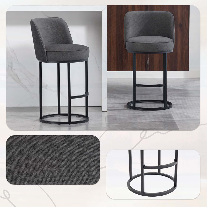 Ensemble de 2 tabourets de bar à hauteur de comptoir, conception de baril moderne avec dossier, revêtu de lin pour le confort des îlots de cuisine