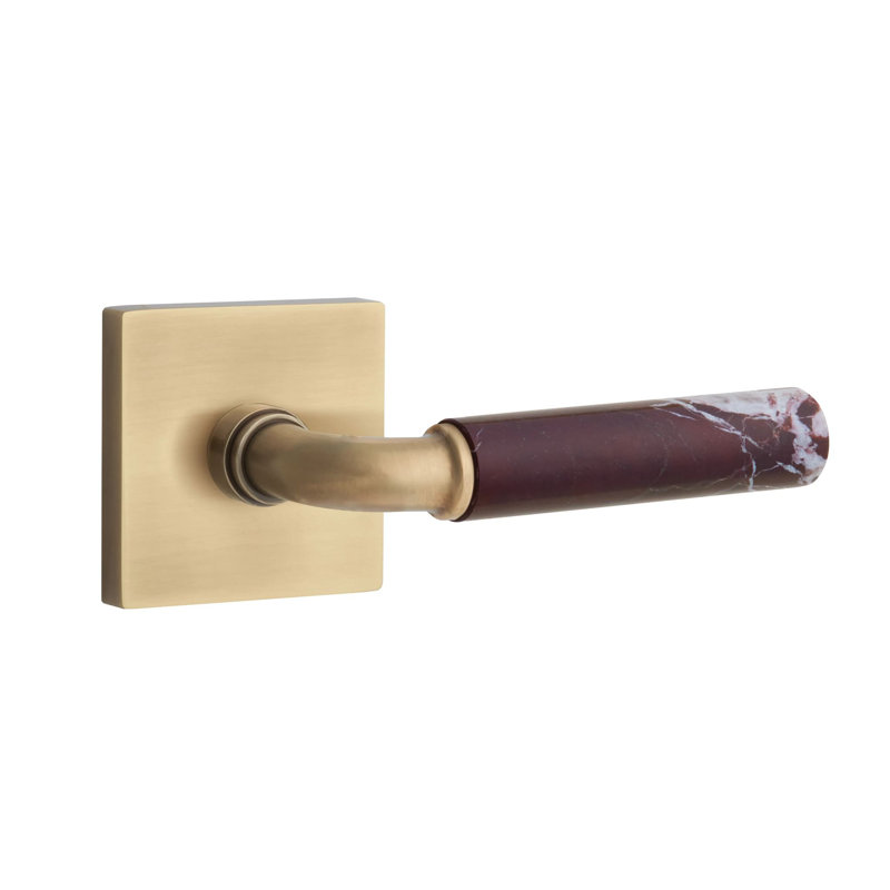 Ensemble de leviers de passage Emtek Select avec rosette carrée et tige R-Bar, levier en marbre Rosso Levanto, Gauche