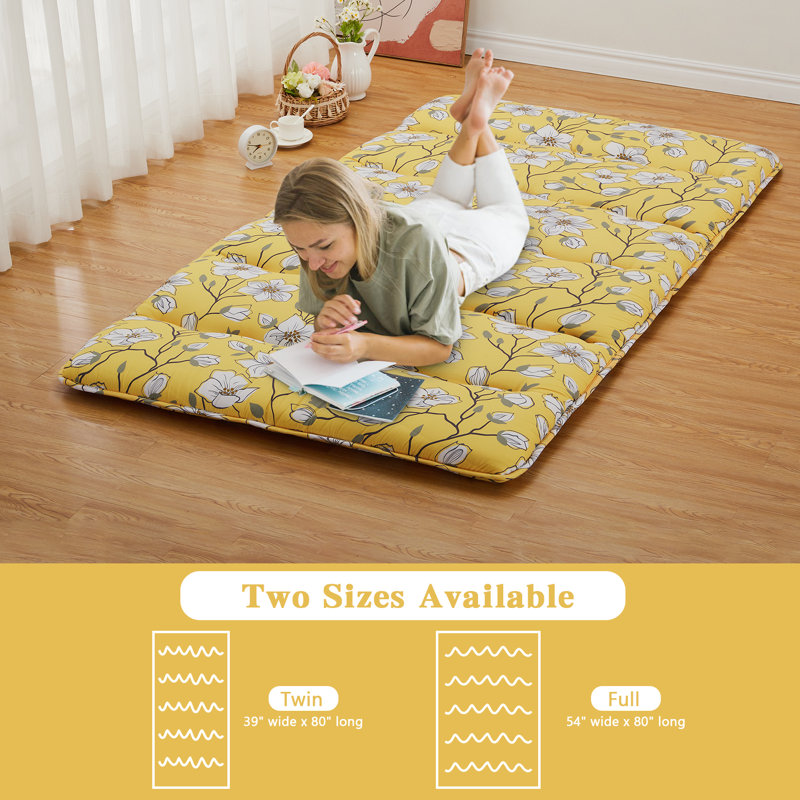 Matelas de futon japonais jaune avec matelas à fleurs et matelas pliant pour lit de camping, Lit double