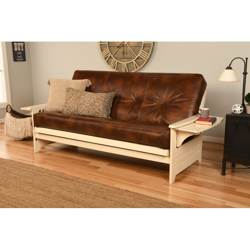Stratford Full Futon and Mattress, Saddle Brown, Antique White, Premium Pocket Coil