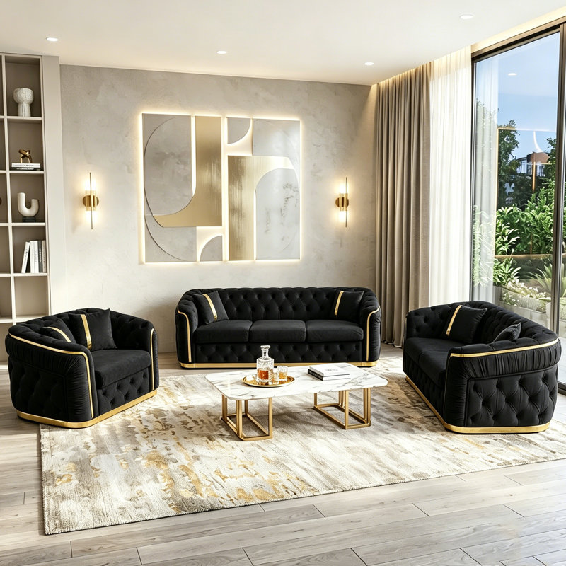 Canapé modulaire moderne en velours Chesterfilé 3 pièces avec garniture dorée et 6 coussins, Noir
