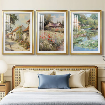 «Vintage Landscape XCV III», reproduction sur mesure encadrée de qualité supérieure - 3 pièces
