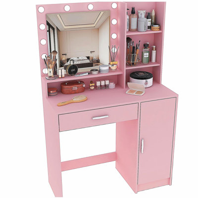 Vanity Desk with Mirror & Light, Large Drawer Three Level Storage Dresser, 3 Lighting Modes Adjustable Brightness, Bedroom Dressing Table(Pink)