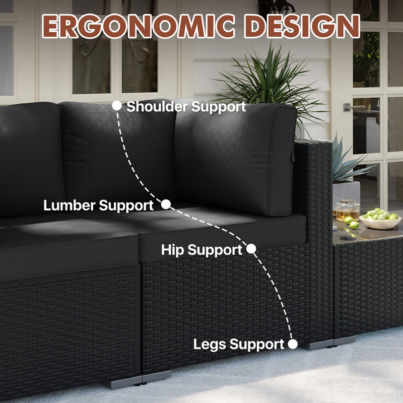 7-pieces Outdoor Rattan Wicker Sectional Seating Group With Cushions, Black Cushion/Black Frame