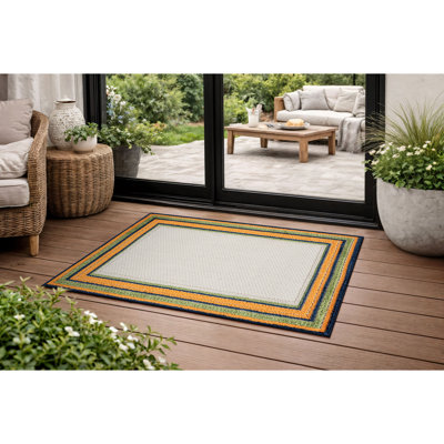 Coastal Border Ivory/Multi Indoor/Outdoor High-Low Area Rug