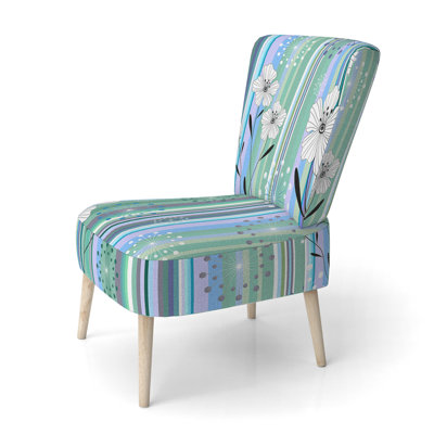 Chaise d'appoint décorative à motif floral en velours rayé vert et bleu