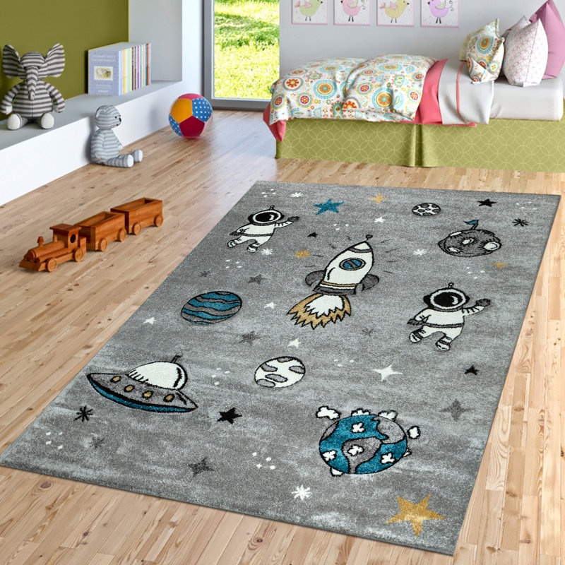Tapis pour chambre d'enfant avec astronautes planètes et fusées en gris, Carré 3 pi 11 po