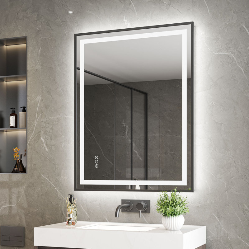 Miroir de salle de bain noir à cadre avant en aluminium noir et rétro-éclairé avec éclairage à 3 couleurs à intensité variable, antibuée et verre trempé
