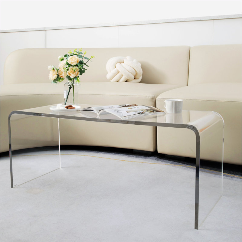 39.25-Inch Rectangular Acrylic Waterfall Coffee Table with Slab Base, 15mm Thick Transparent Top