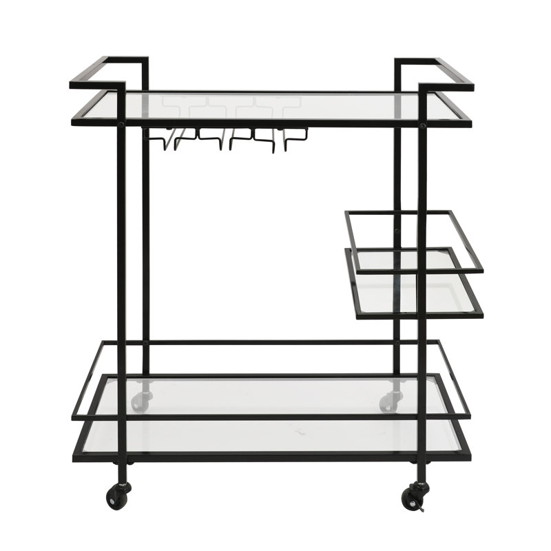 Black Metal and Glass 3-Tier Bar Cart with Storage