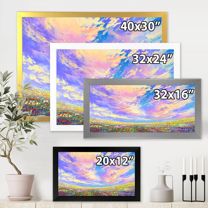 Fleurs colorées dans un champ sous de magnifiques nuages - peinture sur toile, H 24 po x l 32 po x P 1 po