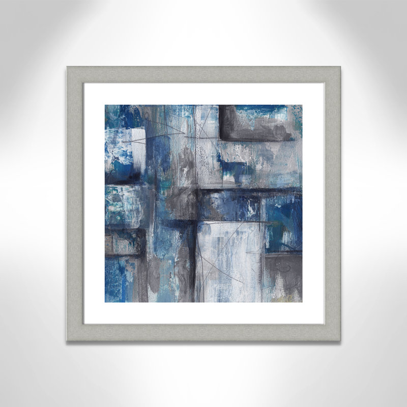 Patchwork abstrait II - peinture encadrée, Papier encadré argent brossé, H 25 po x l 25 po x P 1,25 po