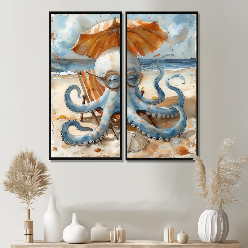 Pieuvre sur la plage à Hawaï II - Grand art mural poulpe / calmar 2 pièces, Impression encadrée flottante, 32" H x 32" W