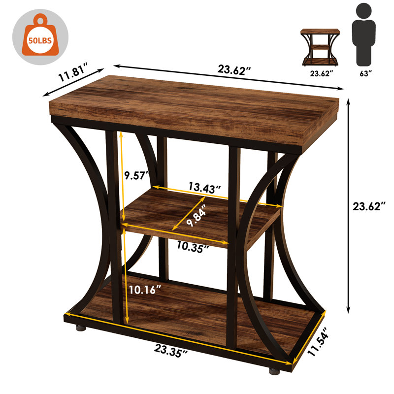 3-Tier End Table With Storage Shelves, Rustic Industrial Side Table For Living Room